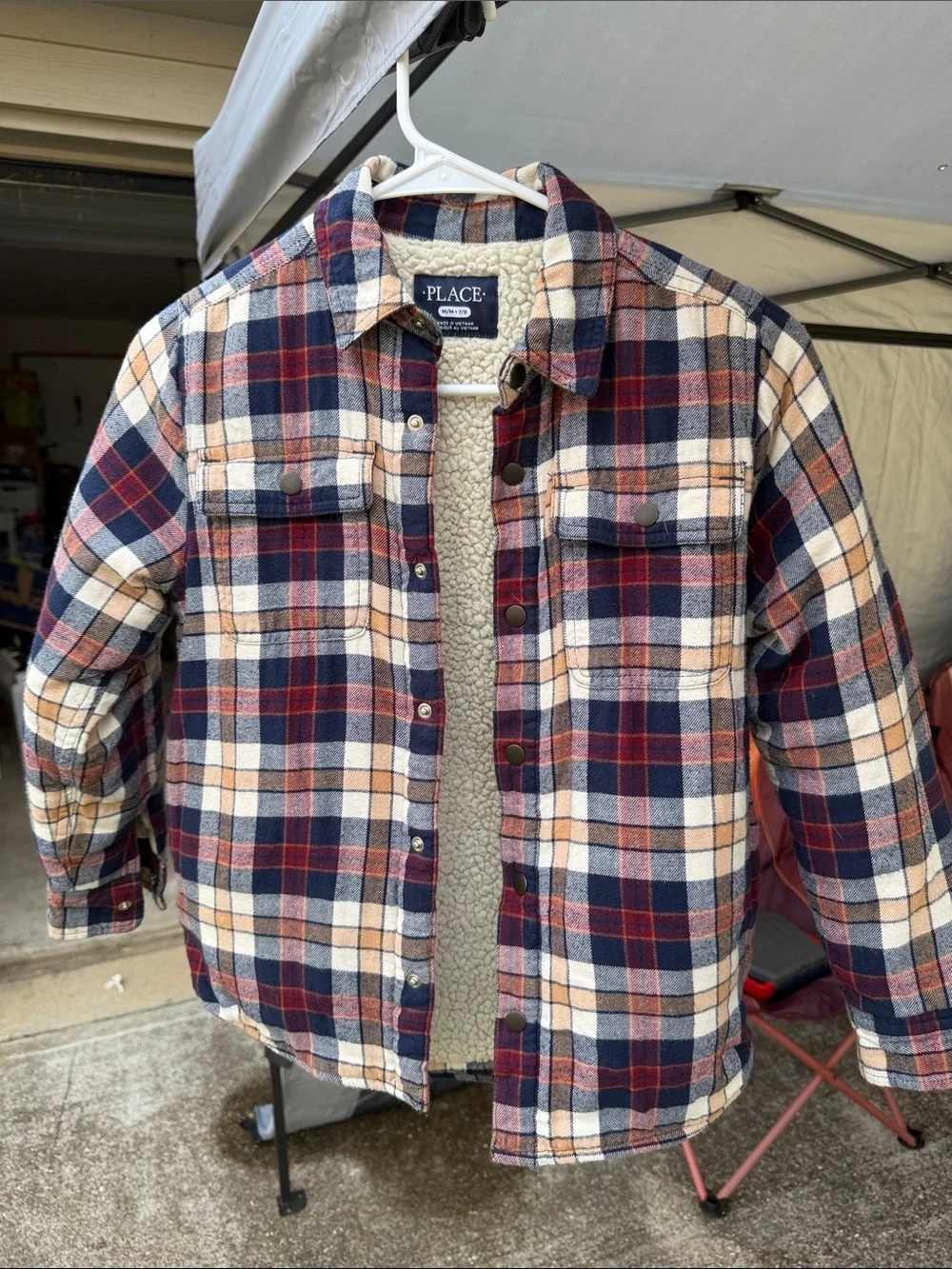 The Children's Place Navy Red Cream Plaid Sherpa Shirt Jacket